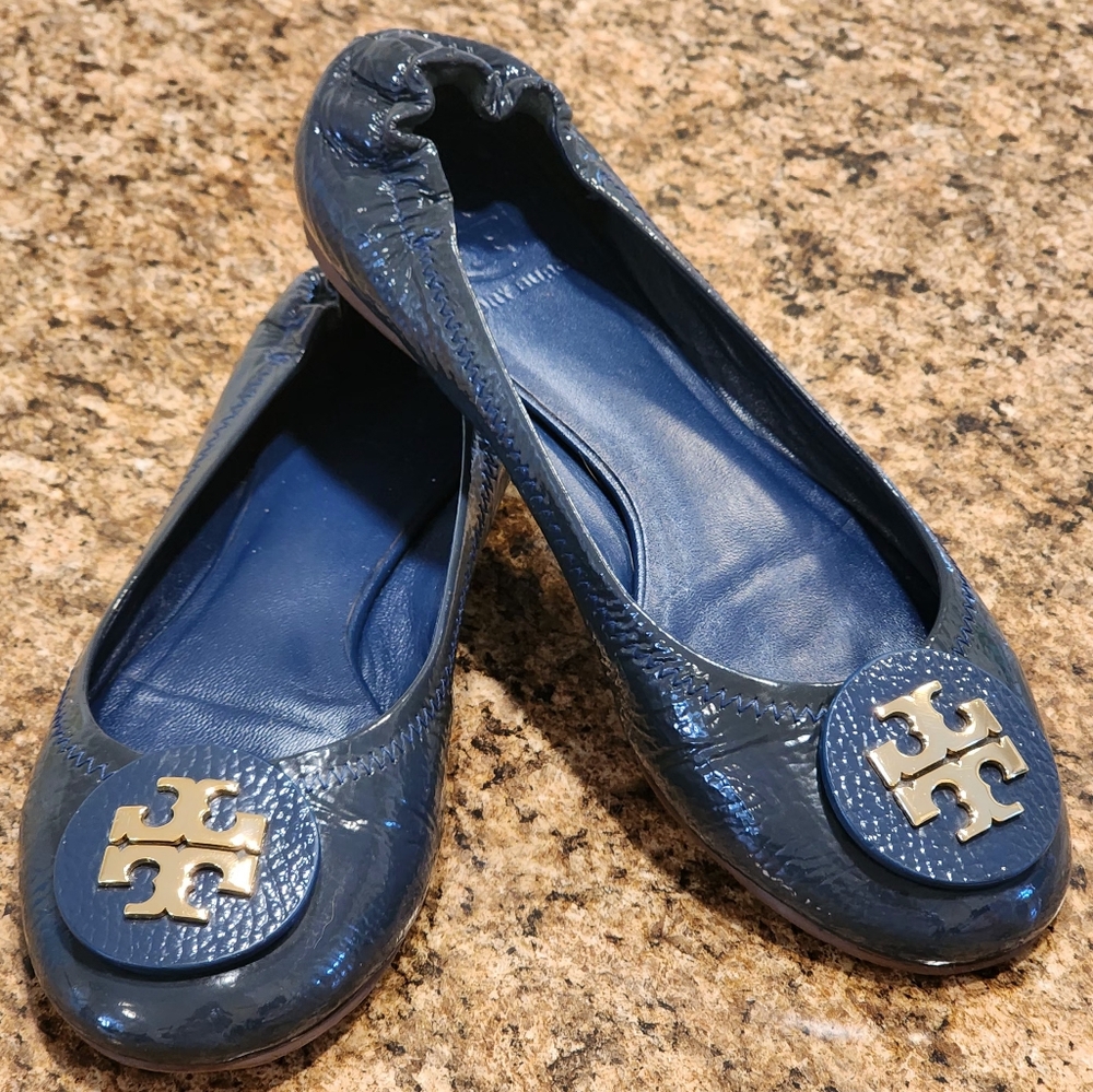 TORY BURCH Patent Leather Reva Ballet Flats - Blue/Gold- Size 7